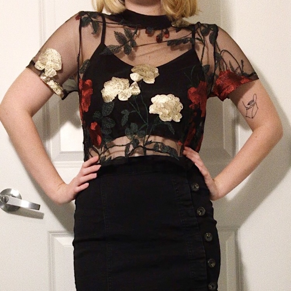 Beautiful floral embroidered mesh shirt